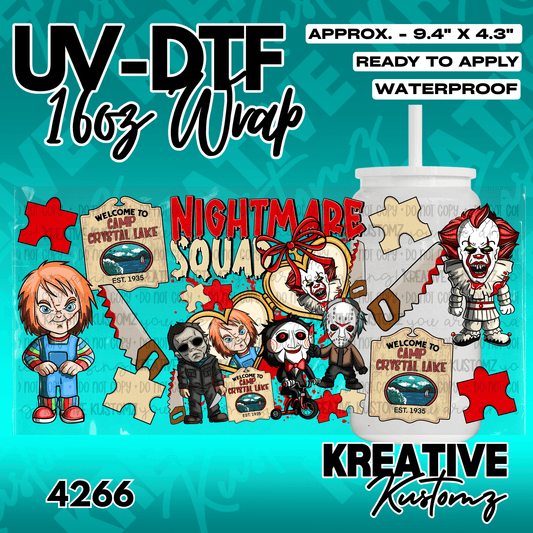 A horror-themed UV DTF cup wrap featuring cartoon versions of iconic movie villains.