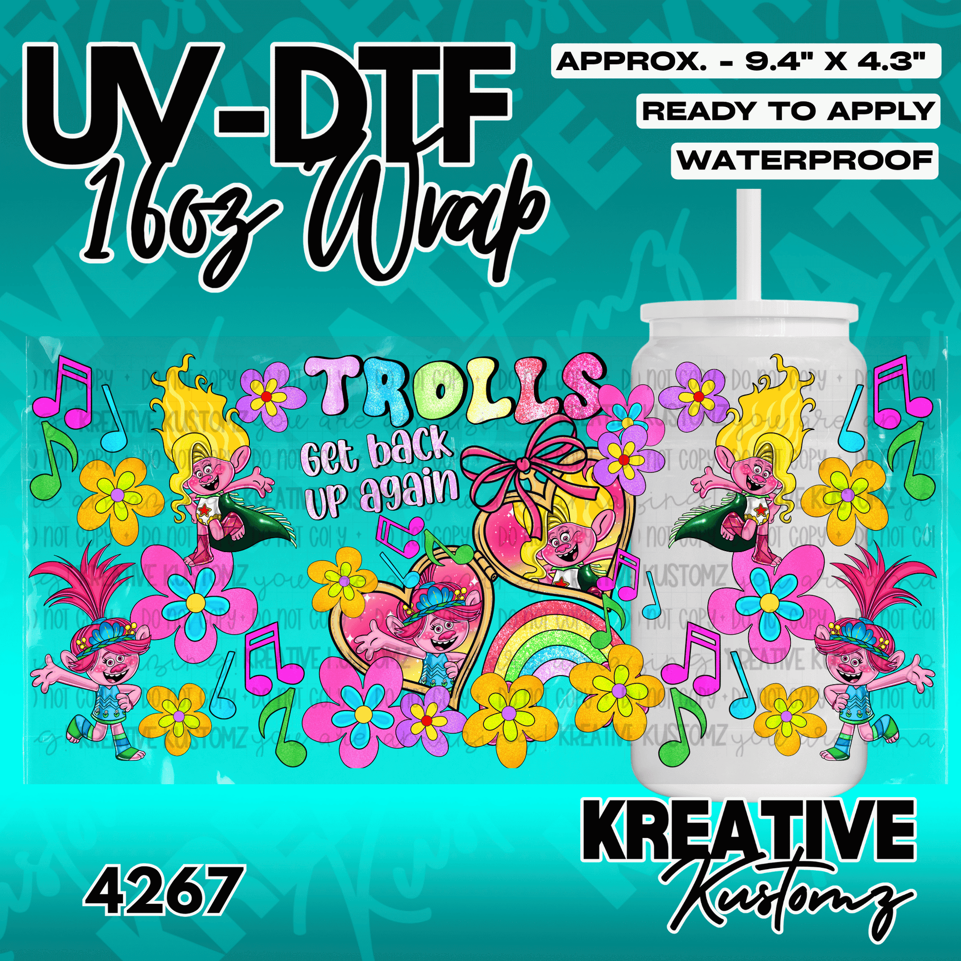A colorful Trolls themed adhesive wrap for a 16oz glass can featuring characters and flowers.