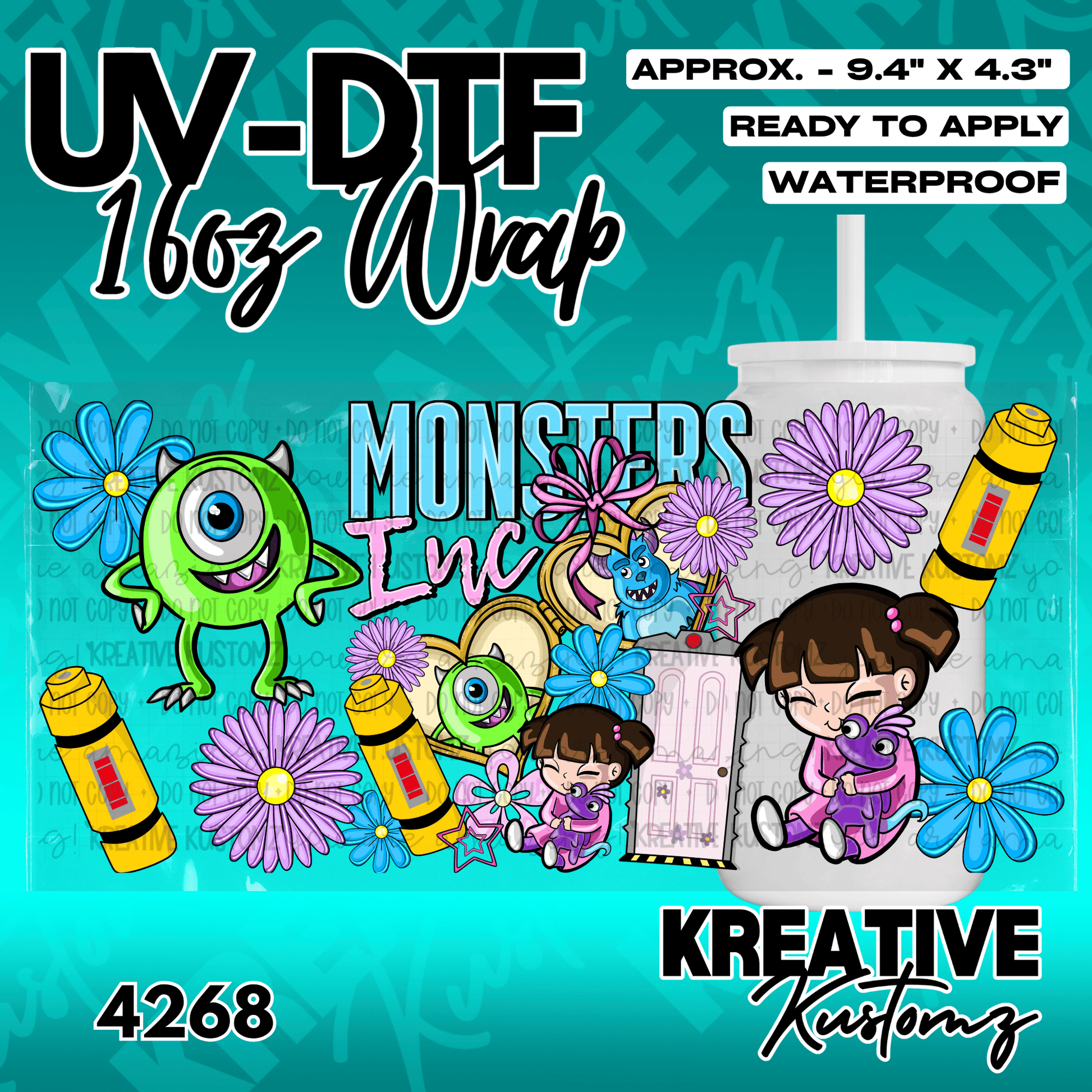 A UV DTF wrap for a 16oz glass cup featuring Monsters Inc characters and floral designs.
