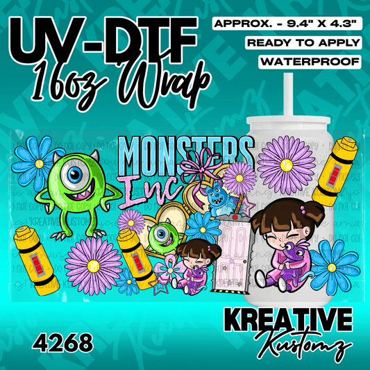 A UV DTF wrap for a 16oz glass cup featuring Monsters Inc characters and floral designs.