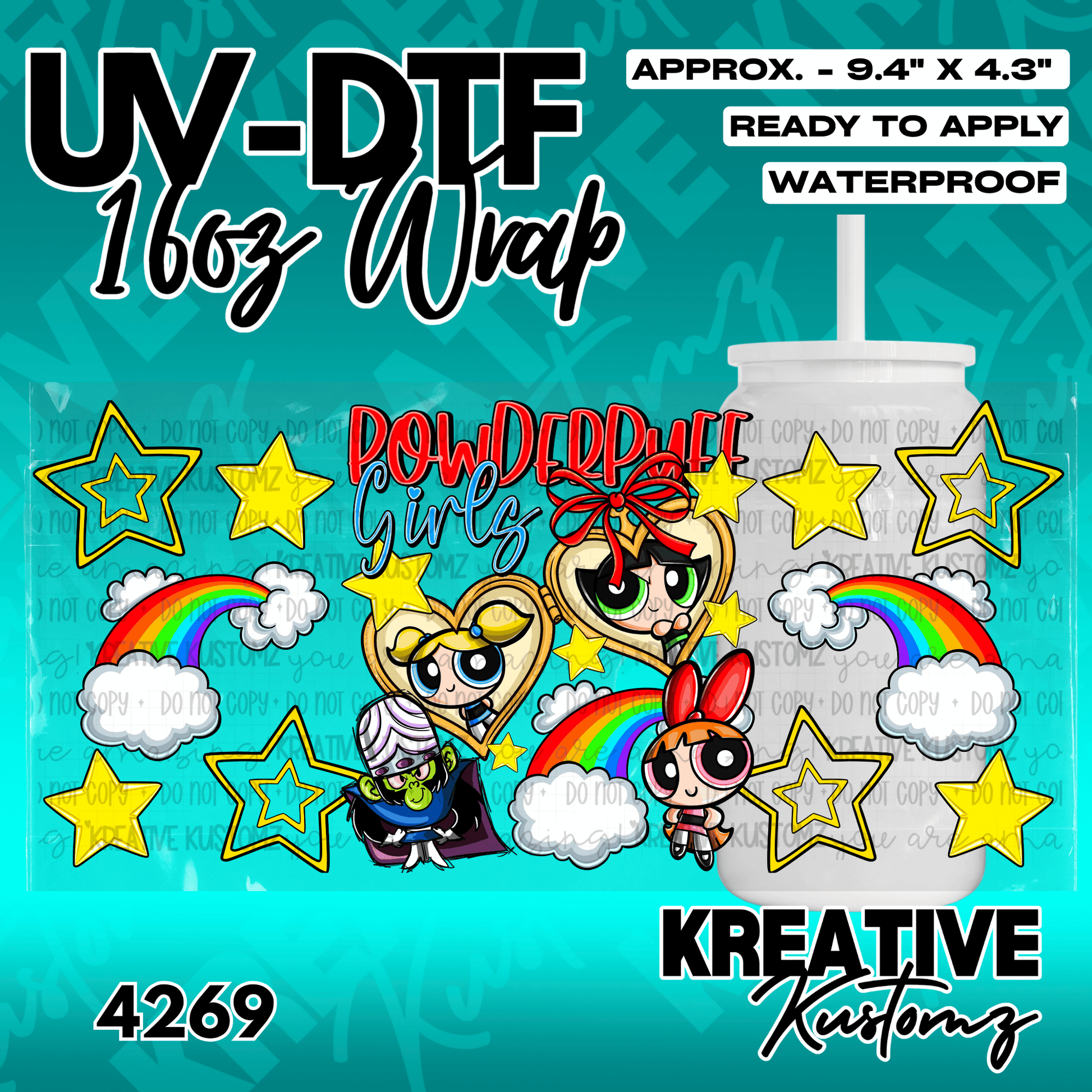 A Powerpuff Girls themed UV DTF adhesive wrap for a 16oz glass can.