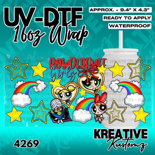 A Powerpuff Girls themed UV DTF adhesive wrap for a 16oz glass can.