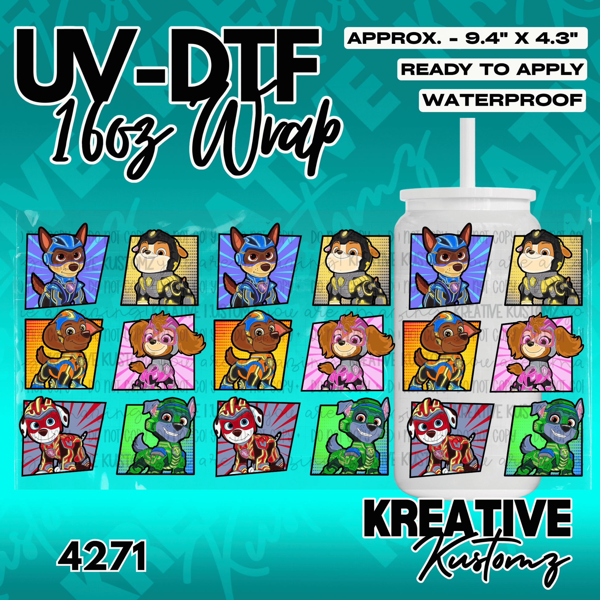 A UV DTF cup wrap featuring a repeating pattern of Paw Patrol characters in comic book squares.