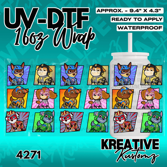 A UV DTF cup wrap featuring a repeating pattern of Paw Patrol characters in comic book squares.