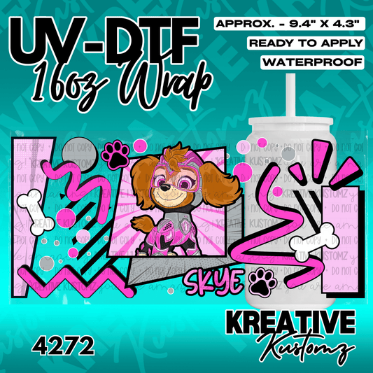 A vibrant UV DTF adhesive wrap featuring Skye from Paw Patrol for a 16oz glass can.