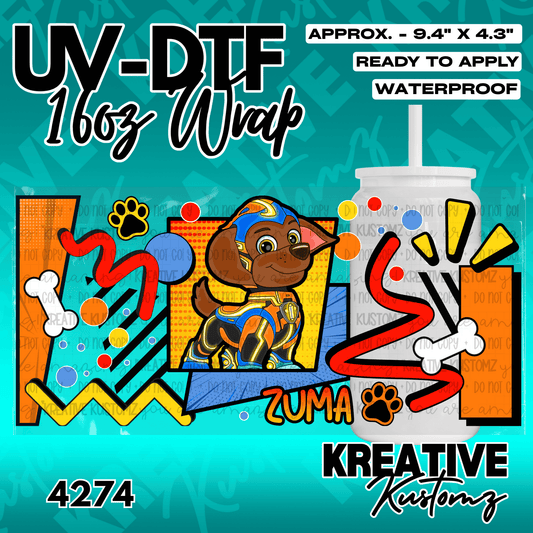 A vibrant UV DTF adhesive wrap featuring Zuma from Paw Patrol with colorful geometric shapes.