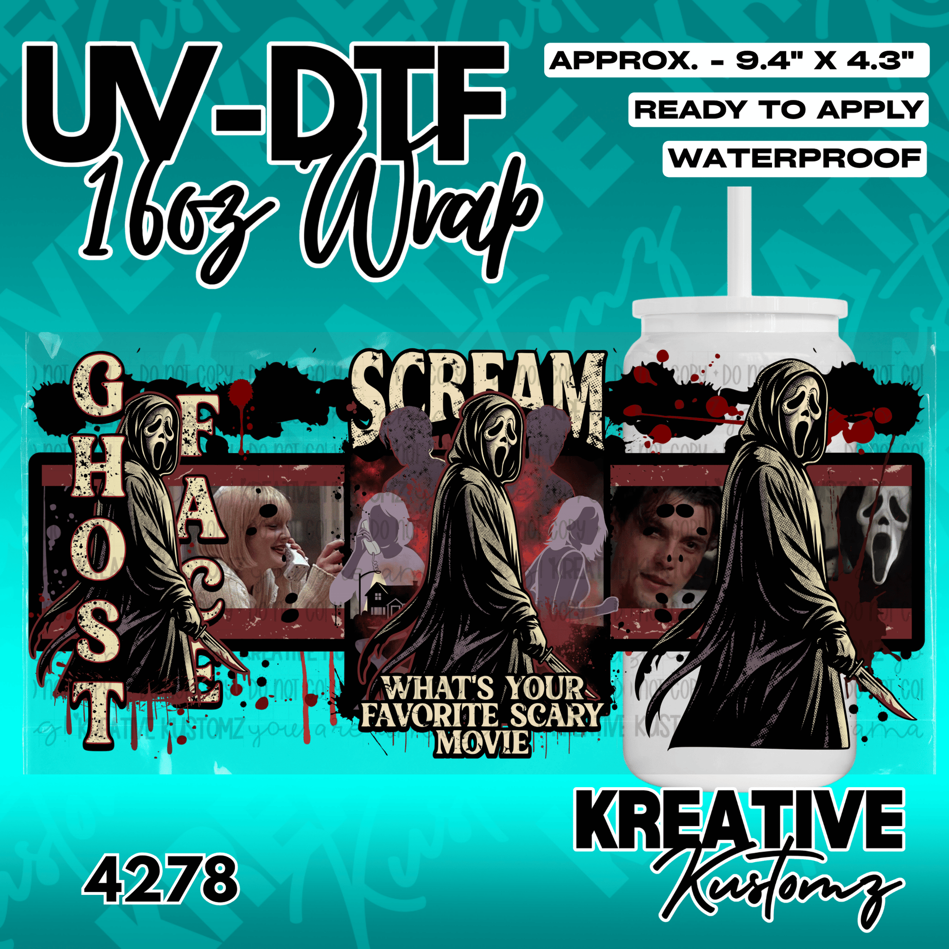 A Scream themed UV DTF adhesive wrap for a 16oz glass cup featuring Ghostface imagery.
