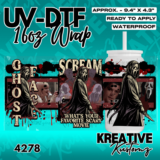 A Scream themed UV DTF adhesive wrap for a 16oz glass cup featuring Ghostface imagery.
