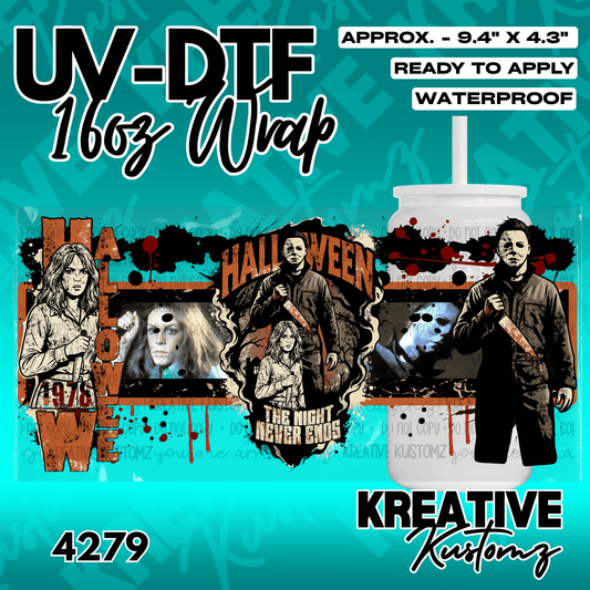A Halloween themed UV DTF adhesive wrap for a 16oz glass cup featuring Michael Myers imagery.