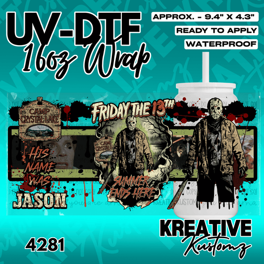 A Friday the 13th themed UV DTF adhesive wrap featuring Jason Voorhees for a 16oz glass cup.