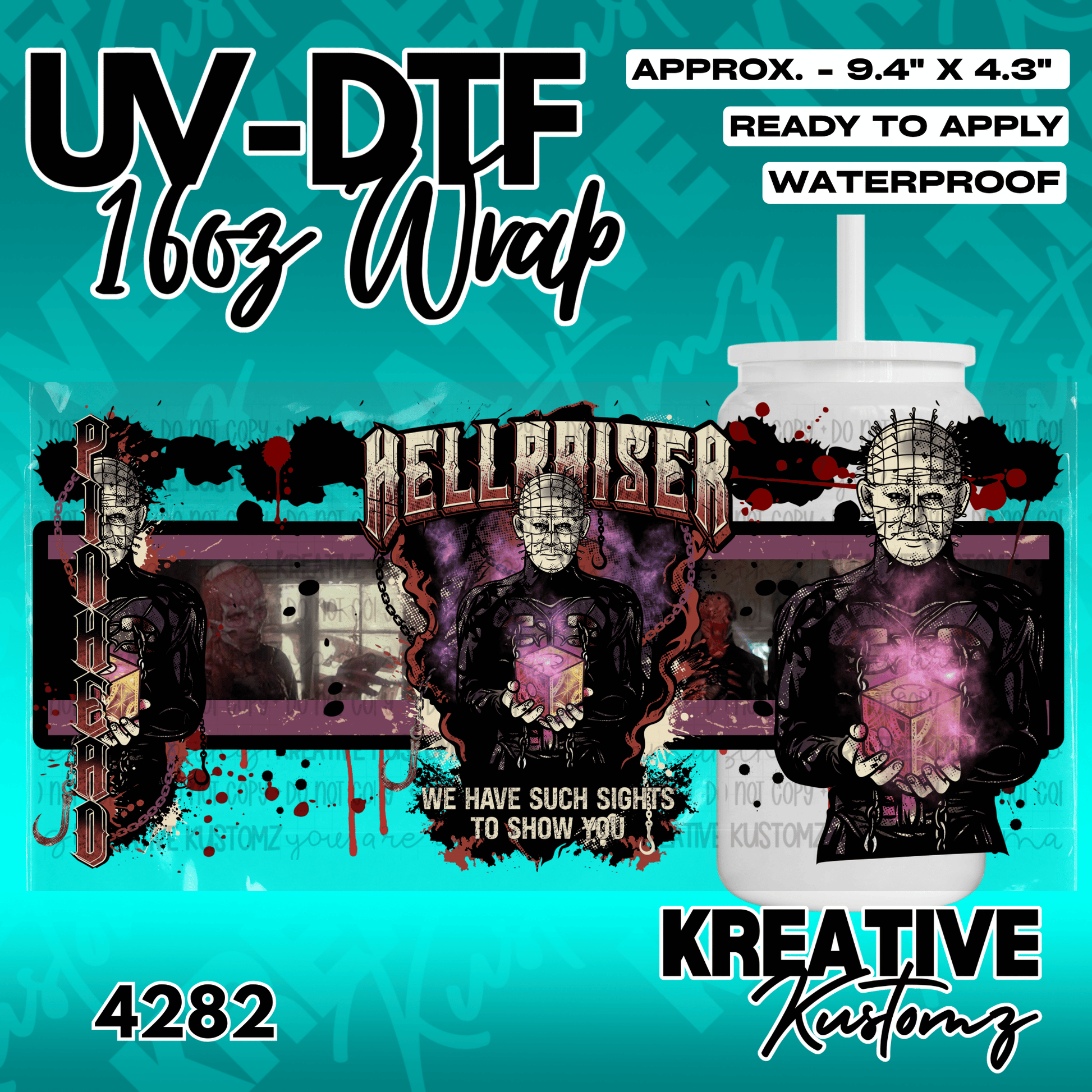 A Hellraiser themed UV DTF adhesive wrap for a 16oz glass cup featuring Pinhead and the puzzle box.