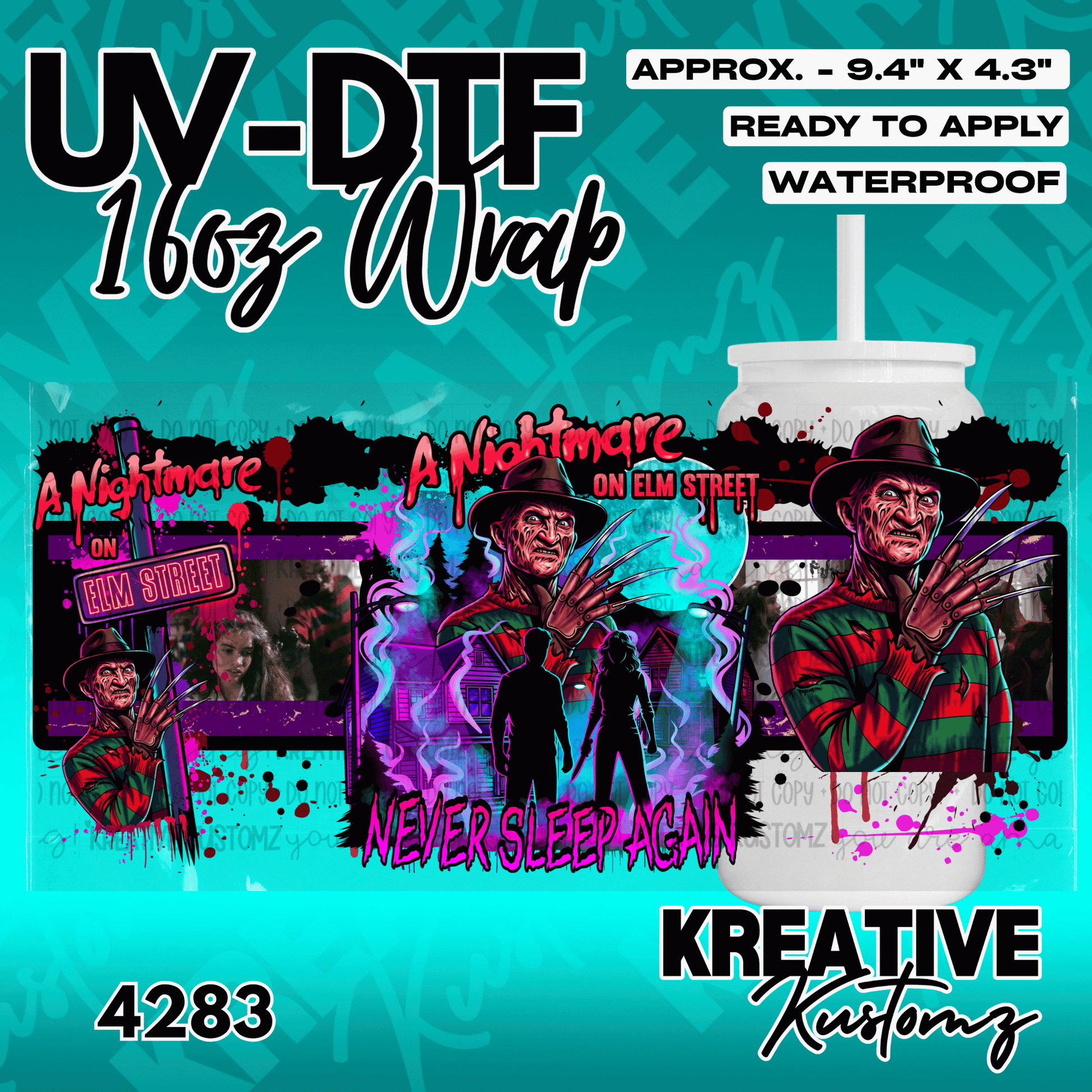 A Nightmare on Elm Street themed UV DTF adhesive wrap for a 16oz glass cup.