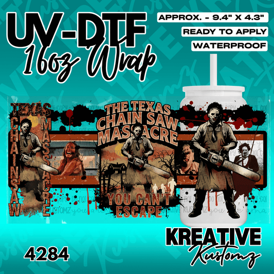 A Texas Chain Saw Massacre themed UV DTF wrap for a 16oz glass can.