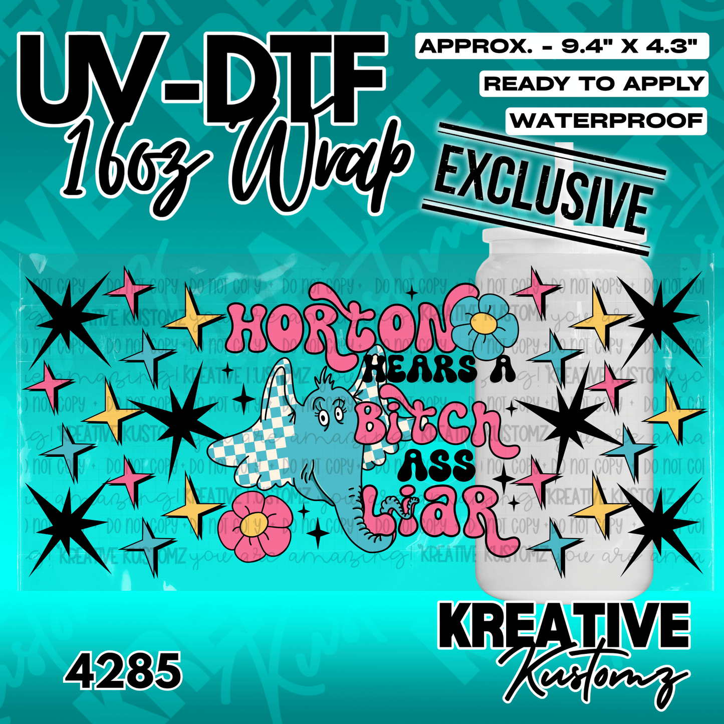 A UV DTF adhesive wrap for a 16oz glass cup featuring a cartoon elephant and floral designs.