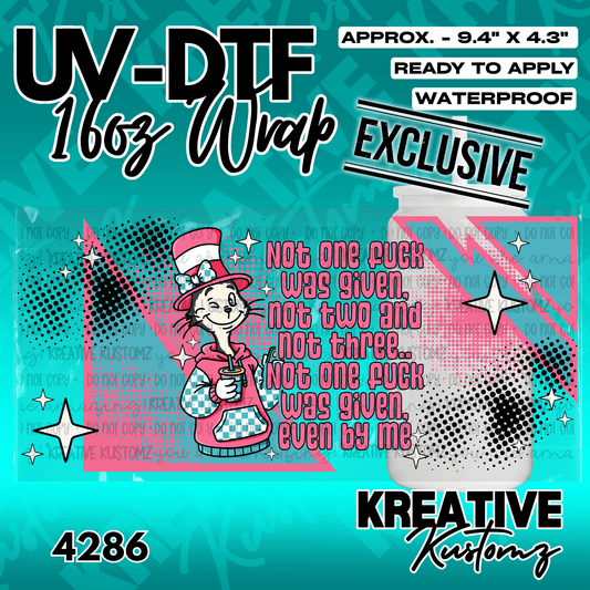A UV DTF adhesive wrap for a 16oz glass cup featuring a cartoon cat and humorous text.