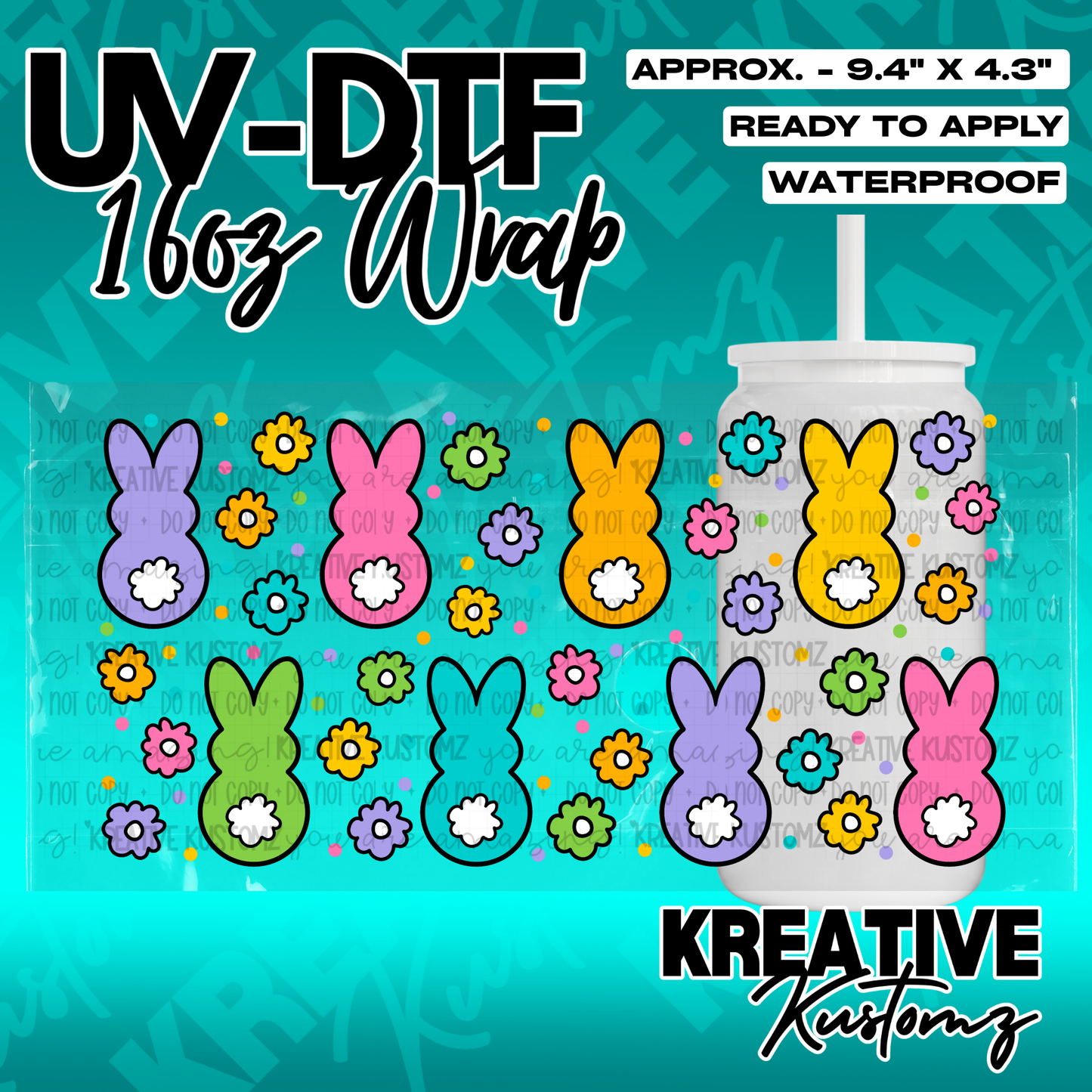 A colorful UV DTF decal wrap for a 16oz glass can featuring a pattern of bunnies and flowers.