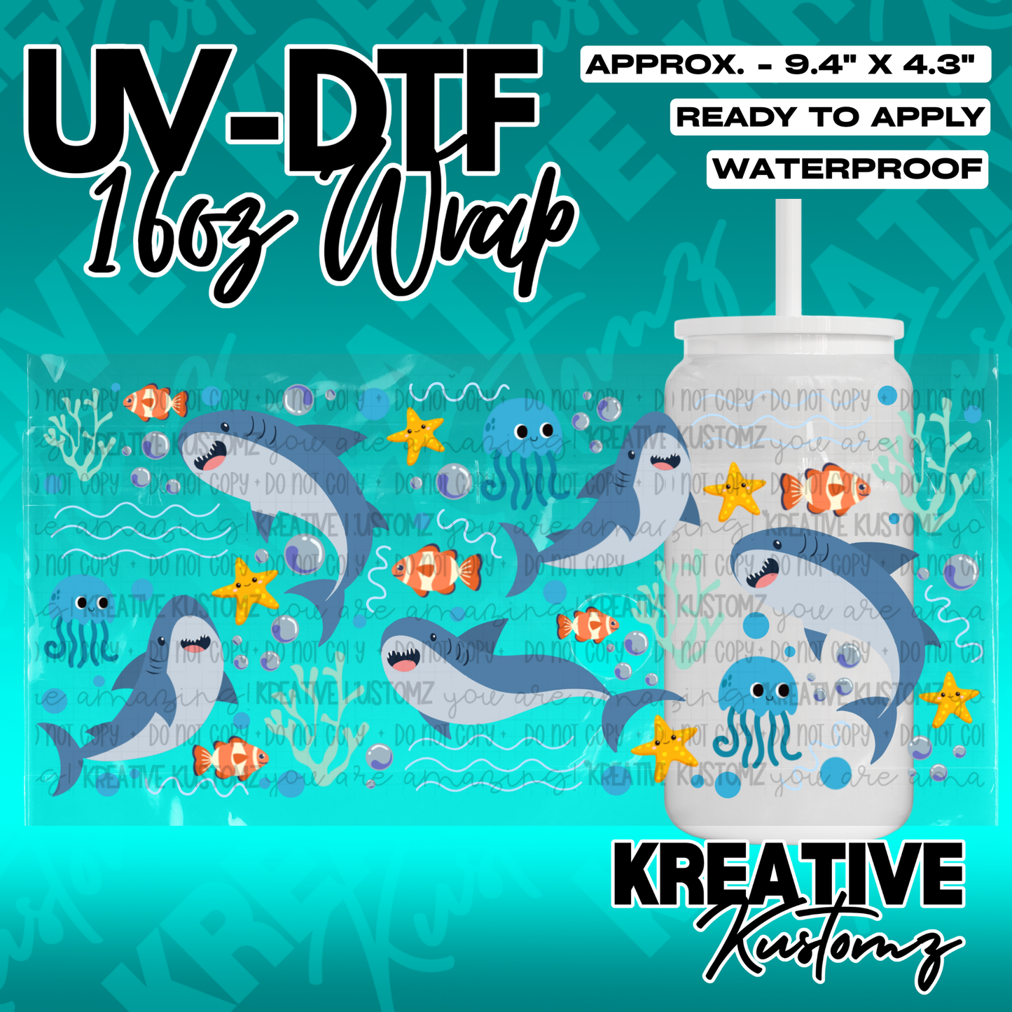 A 16oz glass can wrap featuring a colorful underwater pattern with sharks, fish, and jellyfish.