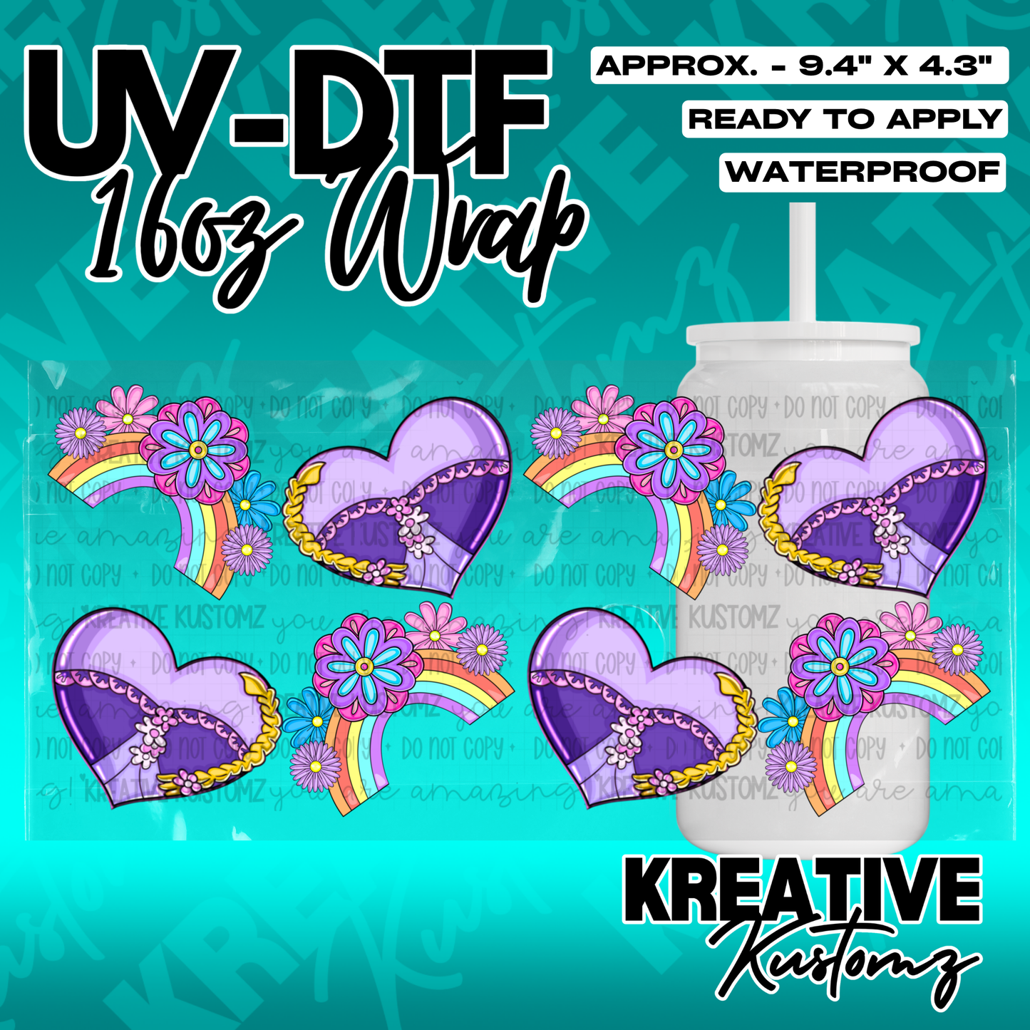 A floral UV DTF adhesive wrap for 16oz glass cans featuring purple hearts and rainbow designs.