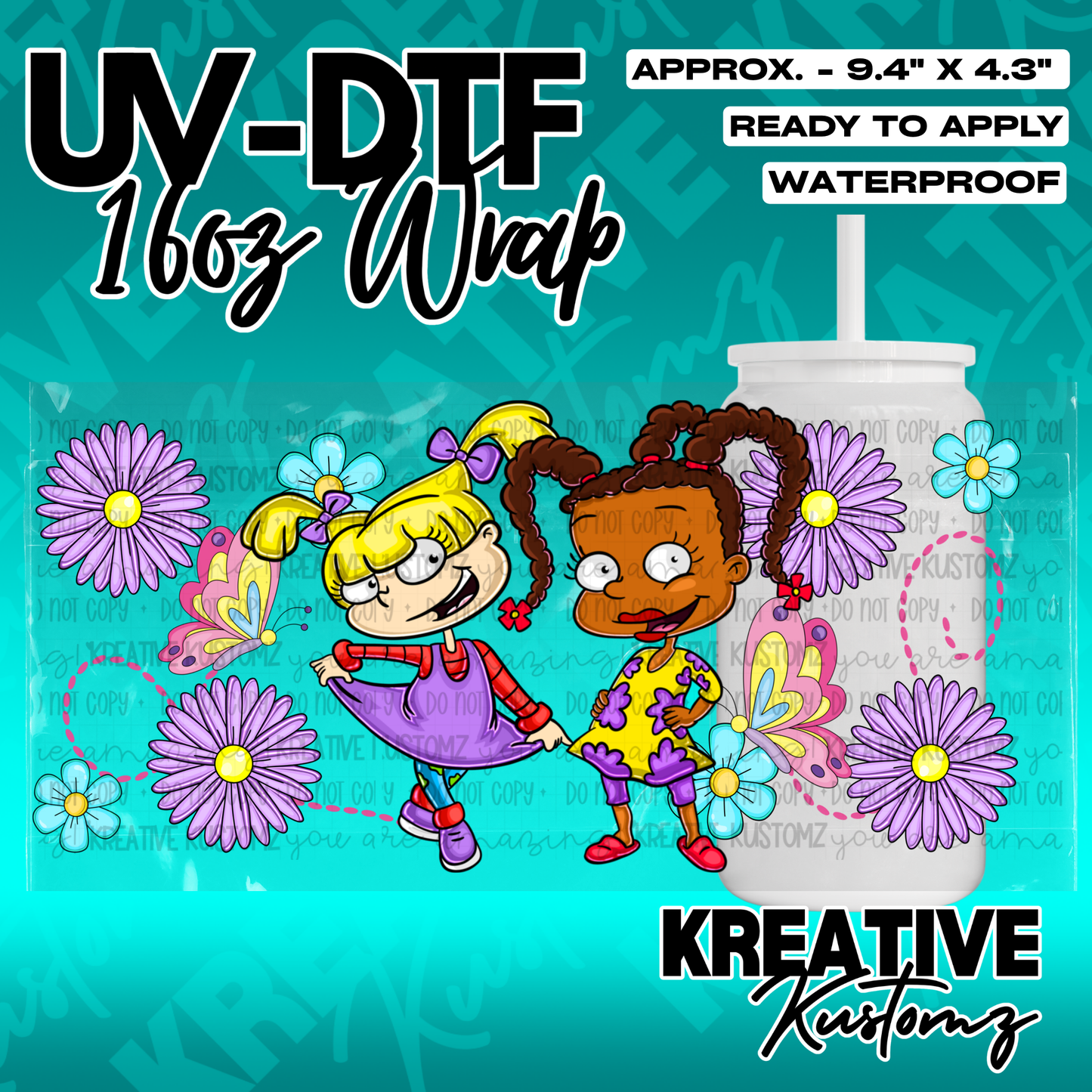 A UV DTF adhesive wrap for 16oz glass cans featuring cartoon characters and floral designs.