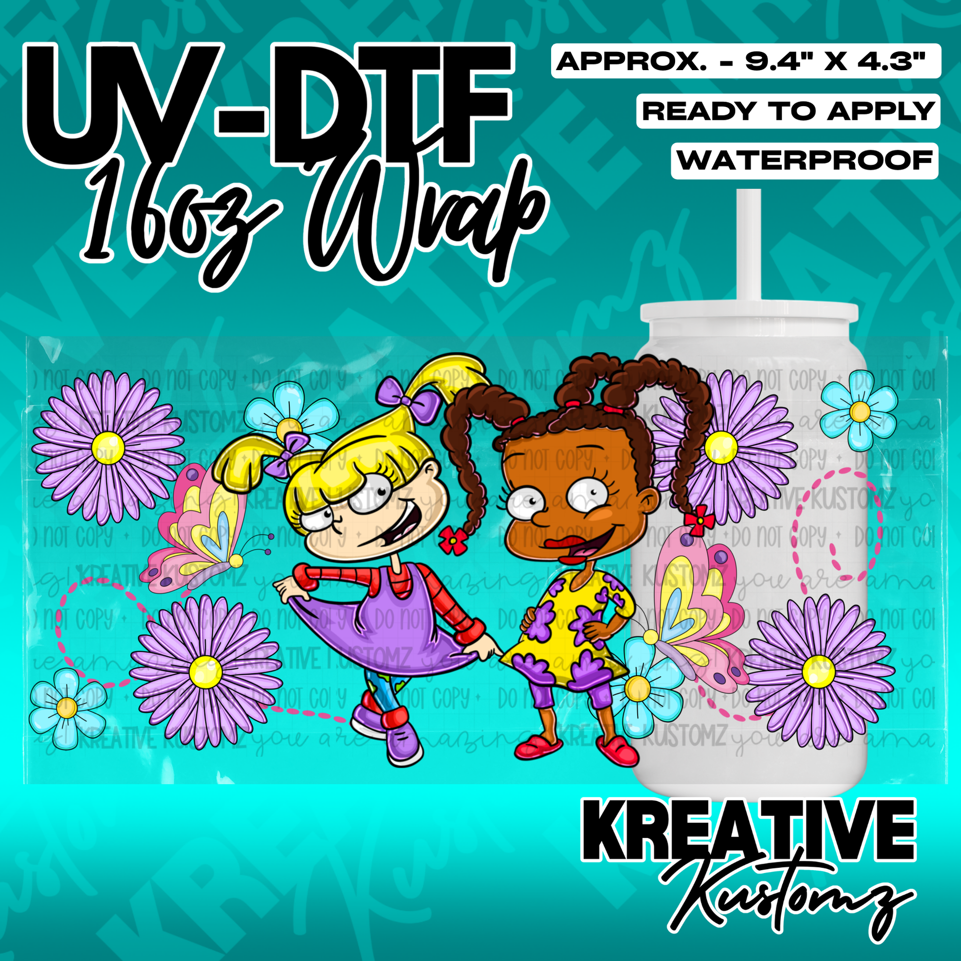 A UV DTF adhesive wrap for 16oz glass cans featuring cartoon characters and floral designs.