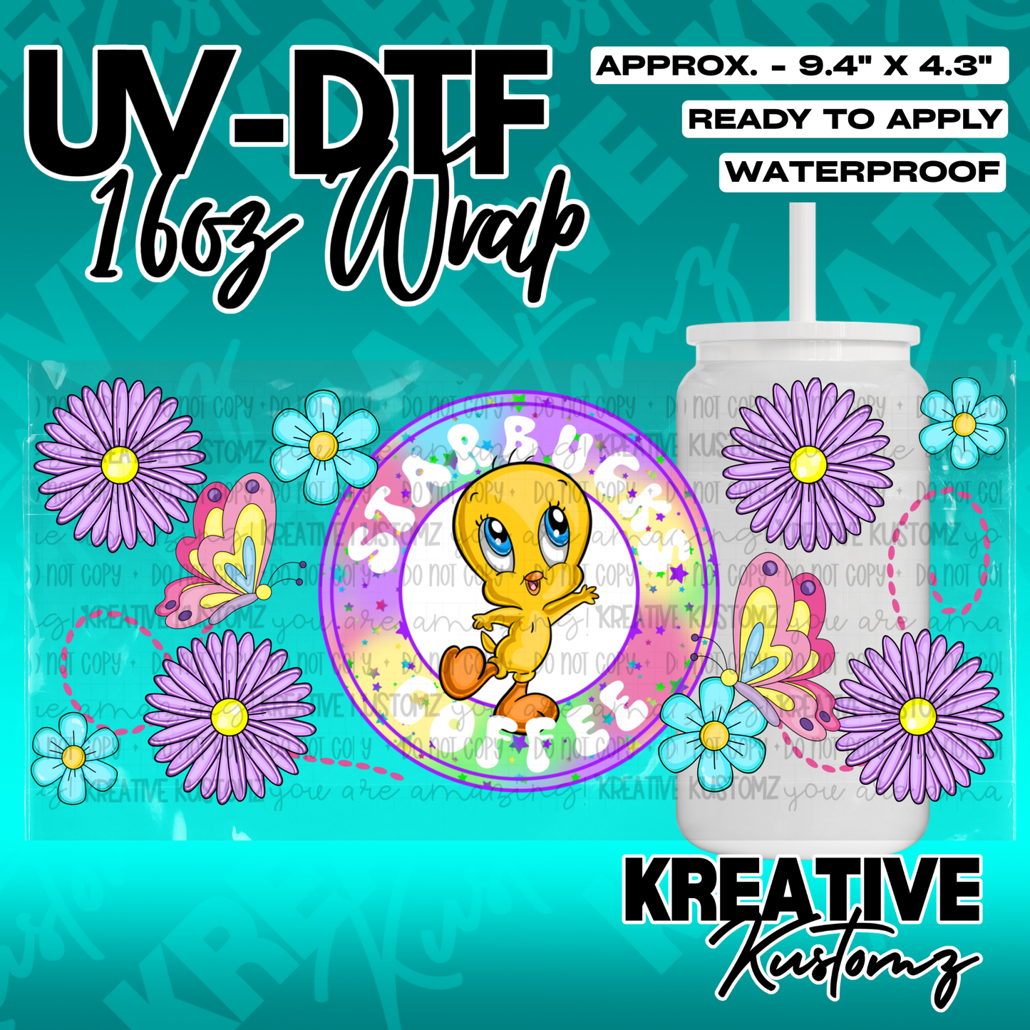 A UV DTF cup wrap featuring Tweety Bird, butterflies, and flowers for a 16oz glass can.
