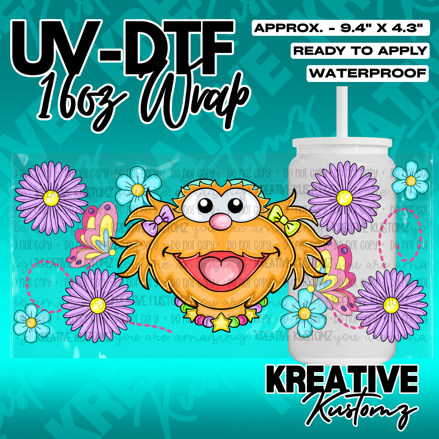 A floral UV DTF cup wrap featuring a cartoon monster, butterflies, and flowers for 16oz glass cans.