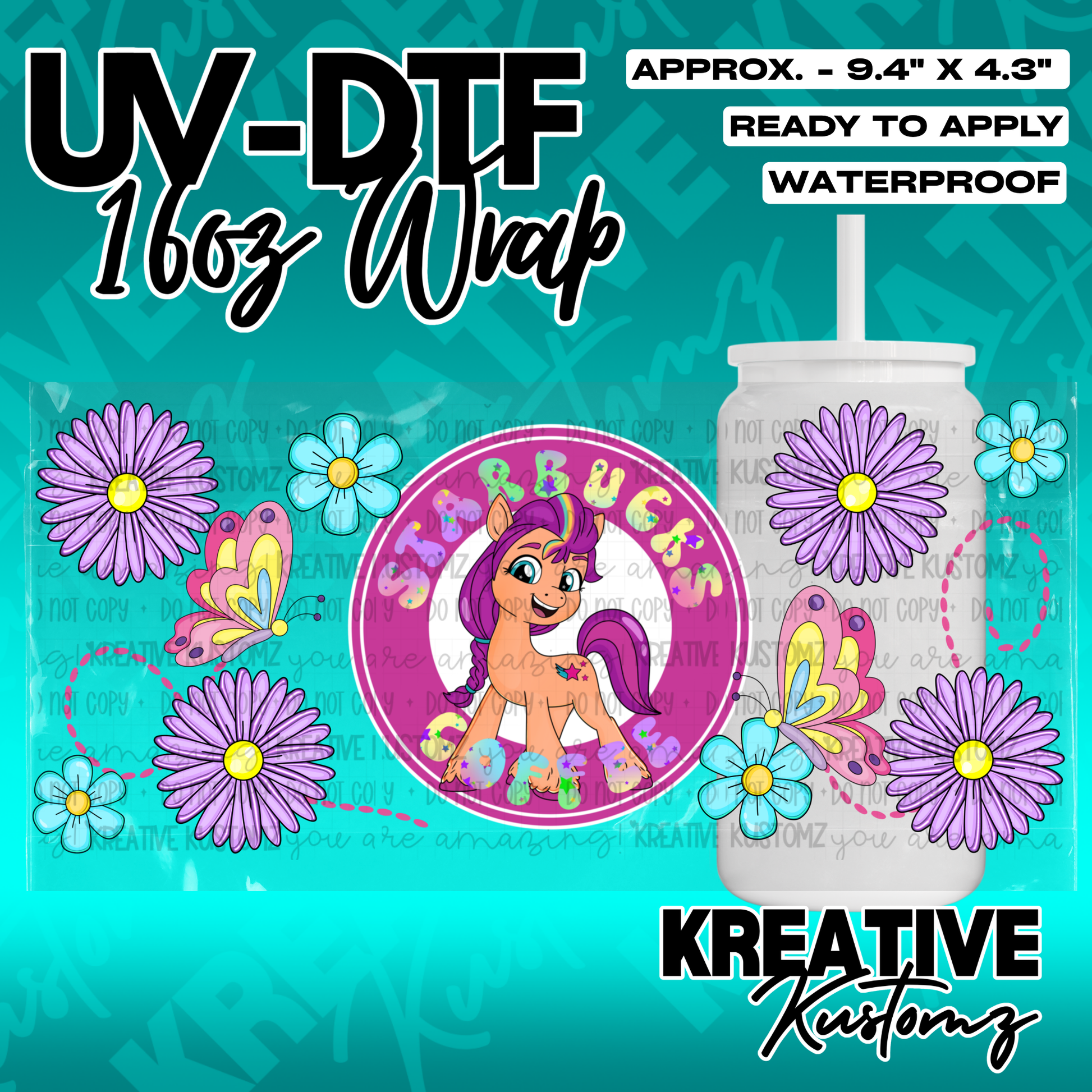 A UV DTF adhesive wrap for 16oz glass cans featuring a pony, butterflies, and purple flowers.