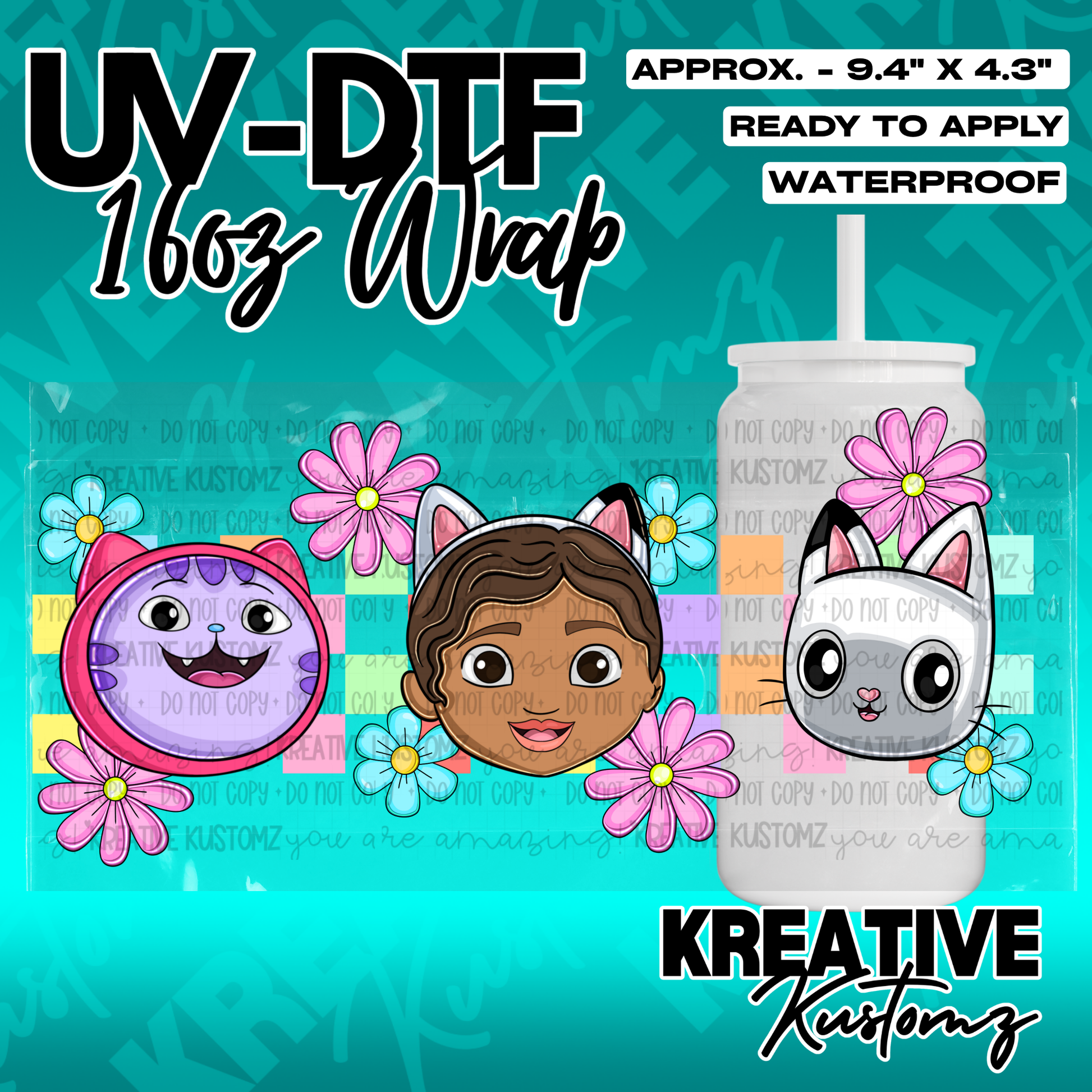 A UV DTF adhesive wrap for 16oz glass cans featuring cartoon characters and flowers.