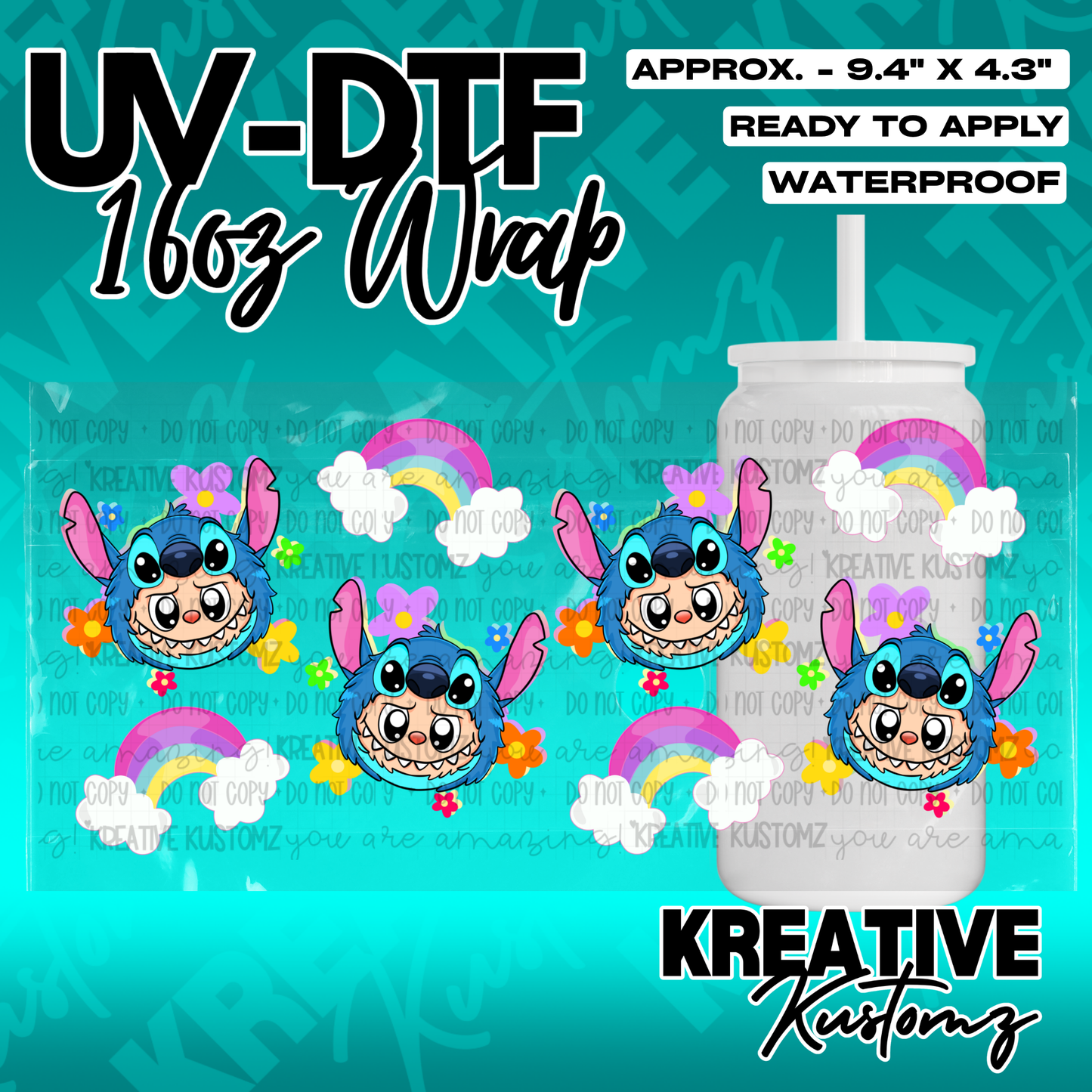 A UV DTF adhesive wrap for 16oz glass cans featuring Stitch characters, rainbows, and flowers.