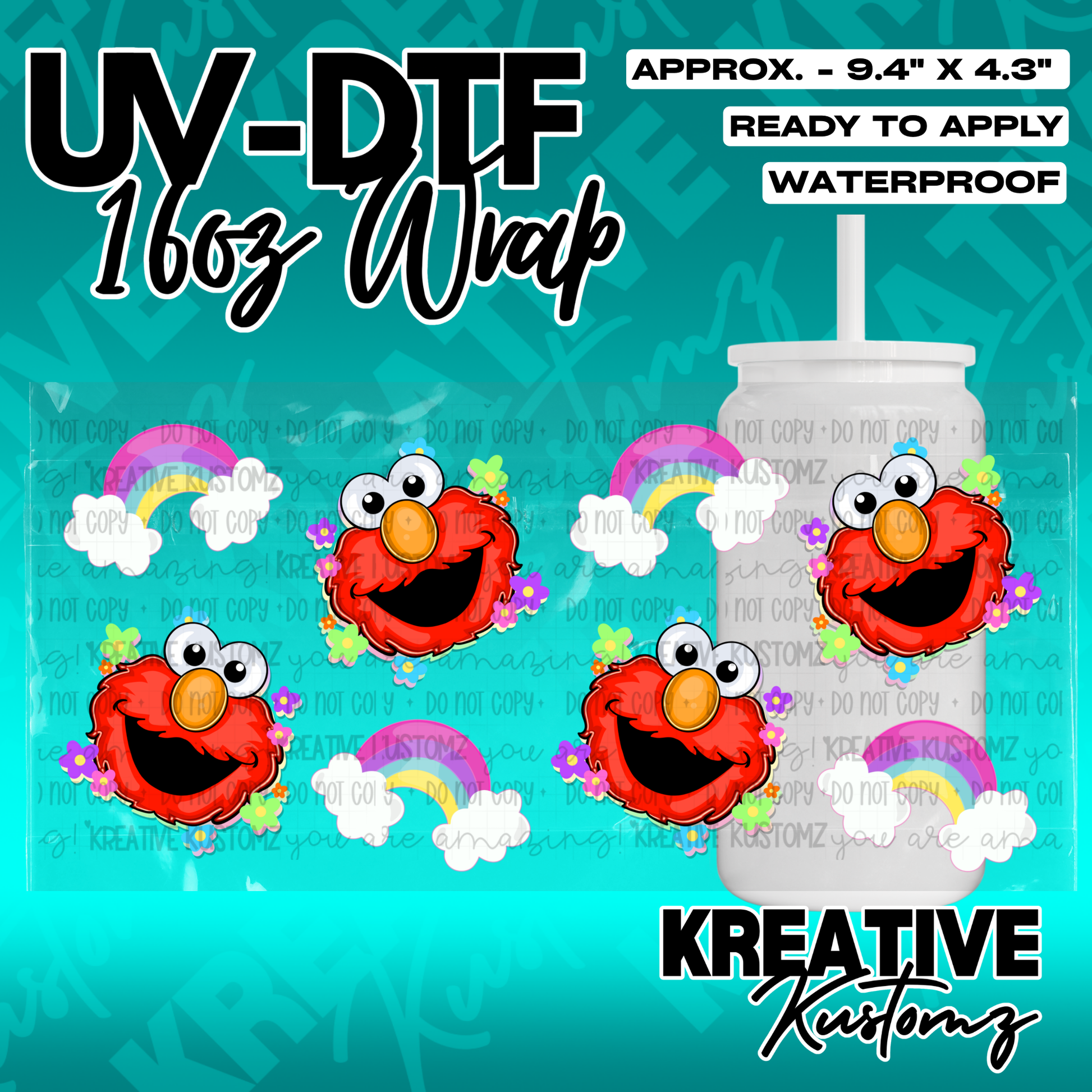 A UV DTF adhesive cup wrap featuring a repeating pattern of Elmo faces and rainbows.