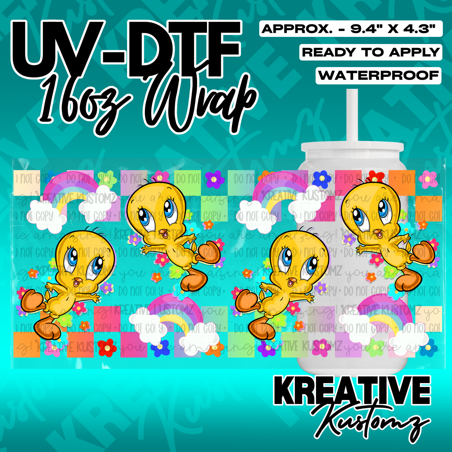A UV DTF cup wrap featuring Tweety Bird, rainbows, and colorful flowers on a checkered background.