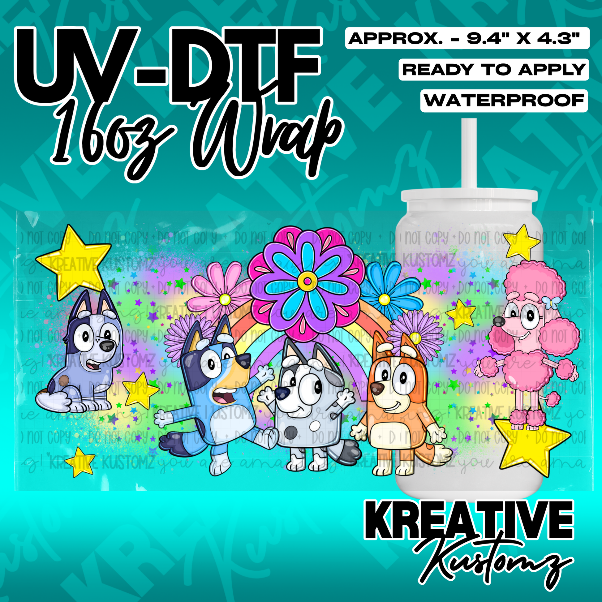 A colorful UV DTF adhesive wrap featuring cartoon dogs and flowers for a 16oz glass can.