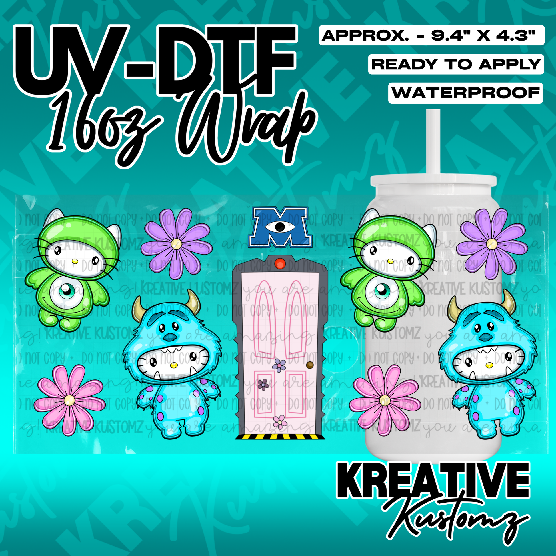 A UV DTF adhesive wrap for 16oz glass cans featuring Hello Kitty dressed as Monsters Inc characters.