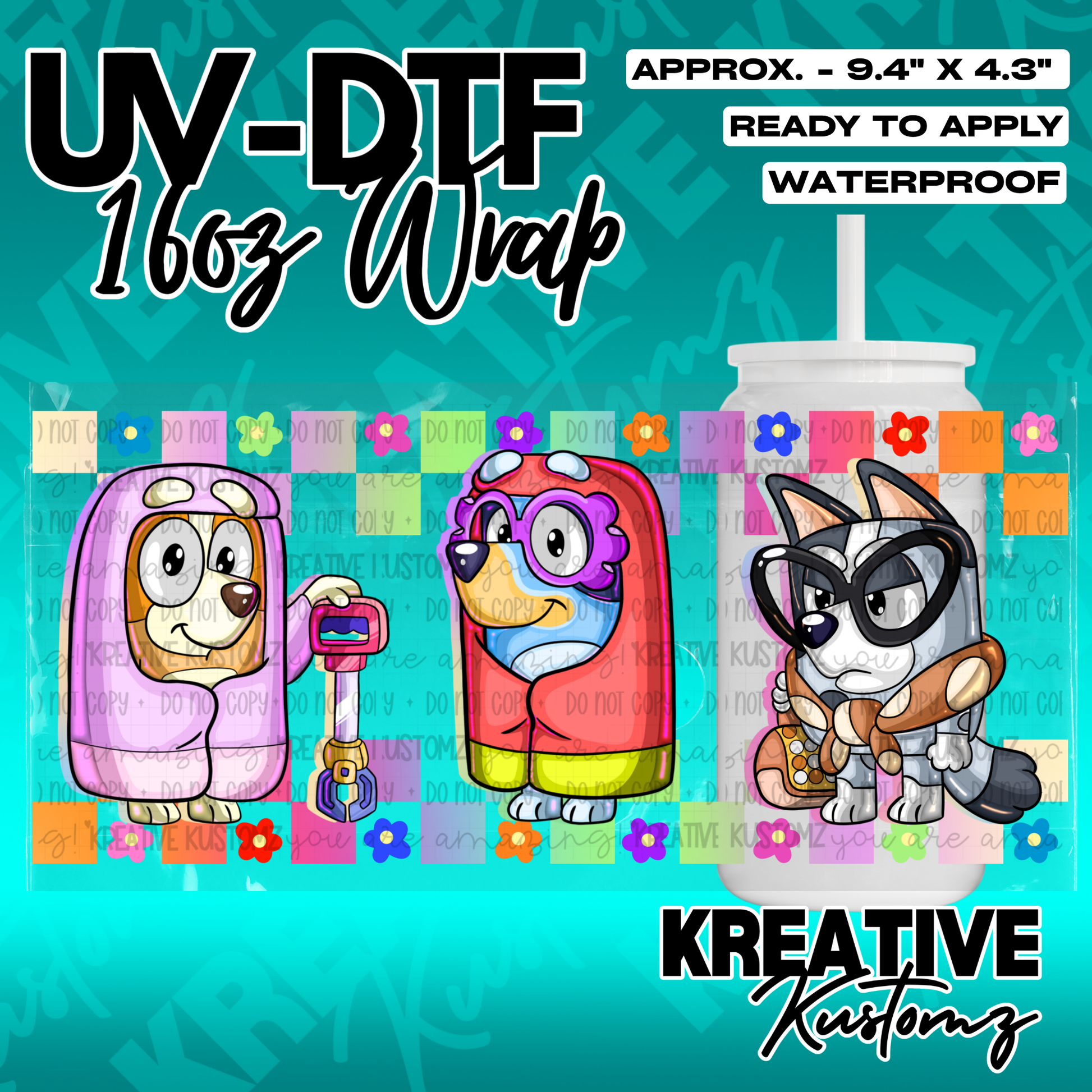 A 16oz glass can wrap featuring cartoon dog characters on a colorful floral checkered background.