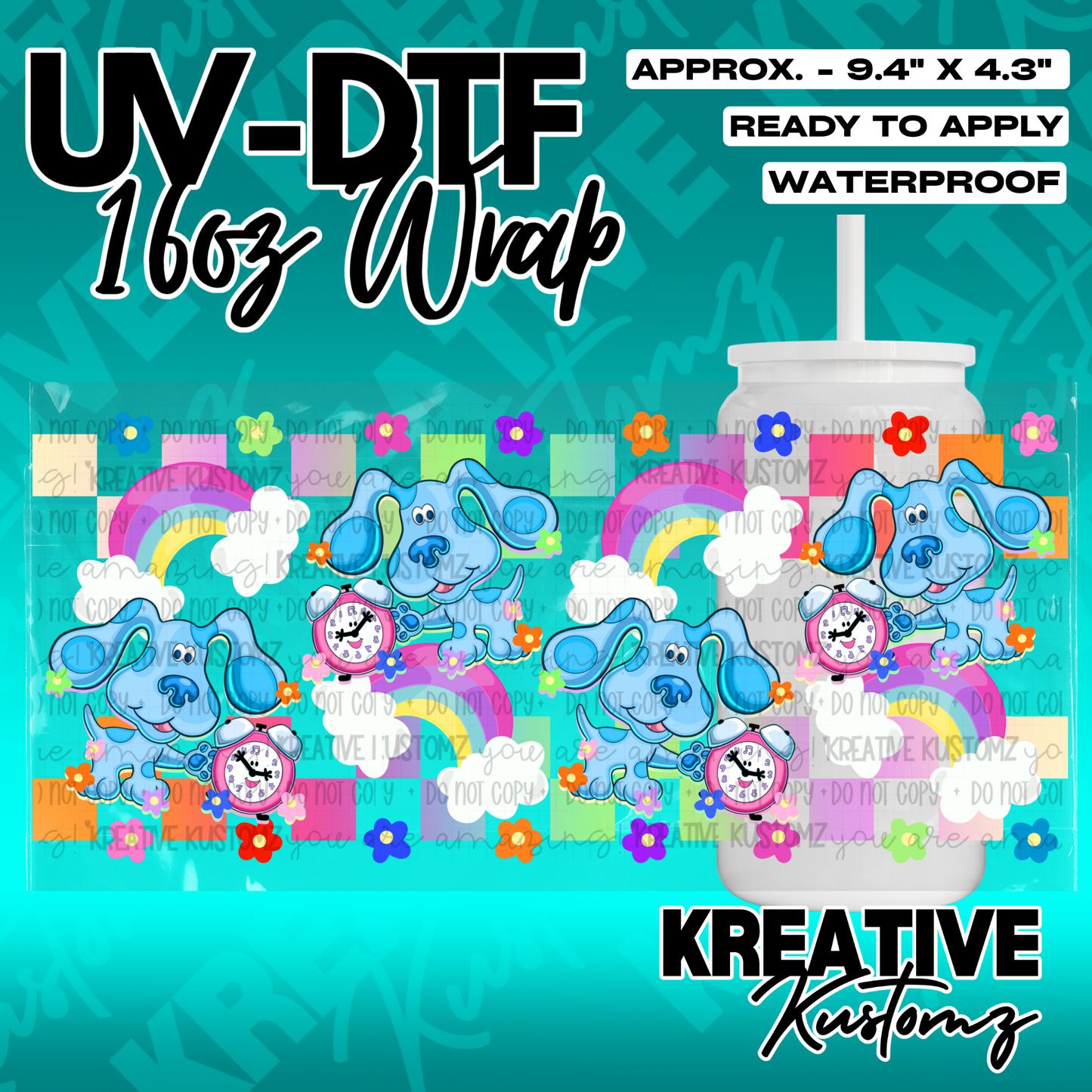 A vibrant UV DTF adhesive wrap for 16oz glass cans featuring Blue from Blue's Clues and rainbows.