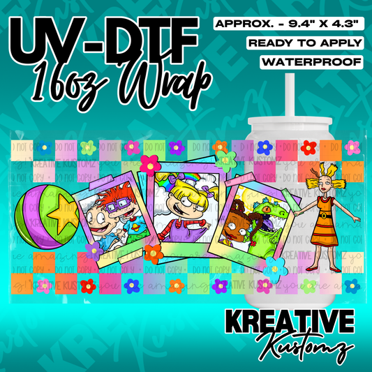 A Rugrats themed UV DTF adhesive wrap for a 16oz glass cup featuring character polaroids.