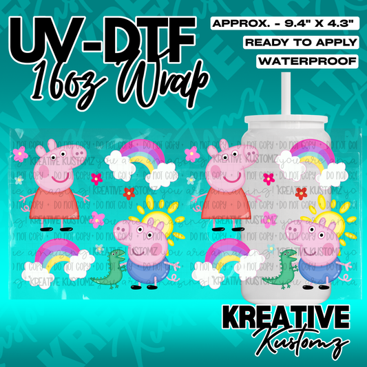 A Peppa Pig themed UV DTF wrap for a 16oz glass can featuring rainbows and suns.