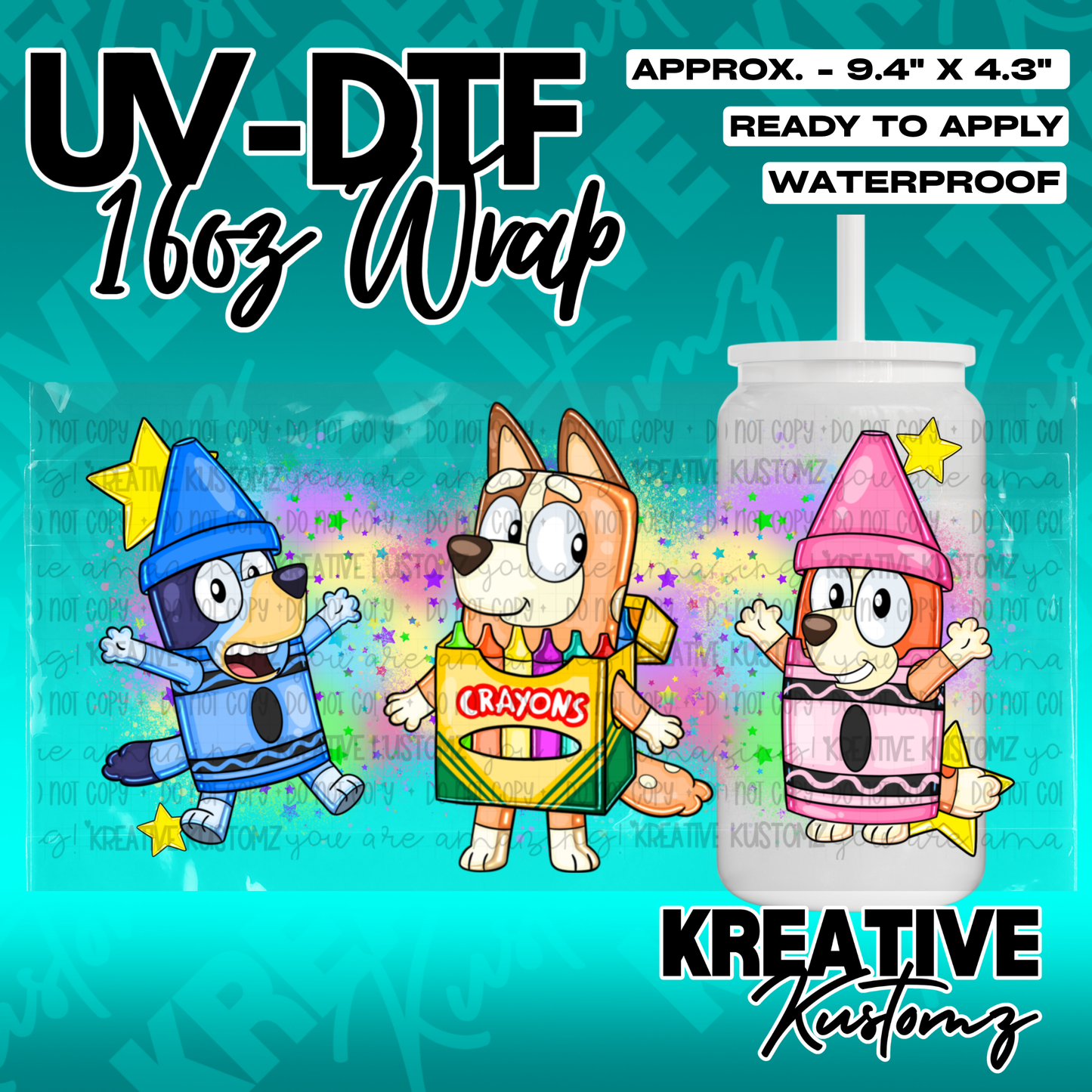 A UV DTF adhesive wrap for 16oz glass cans featuring cartoon dogs dressed as crayons.