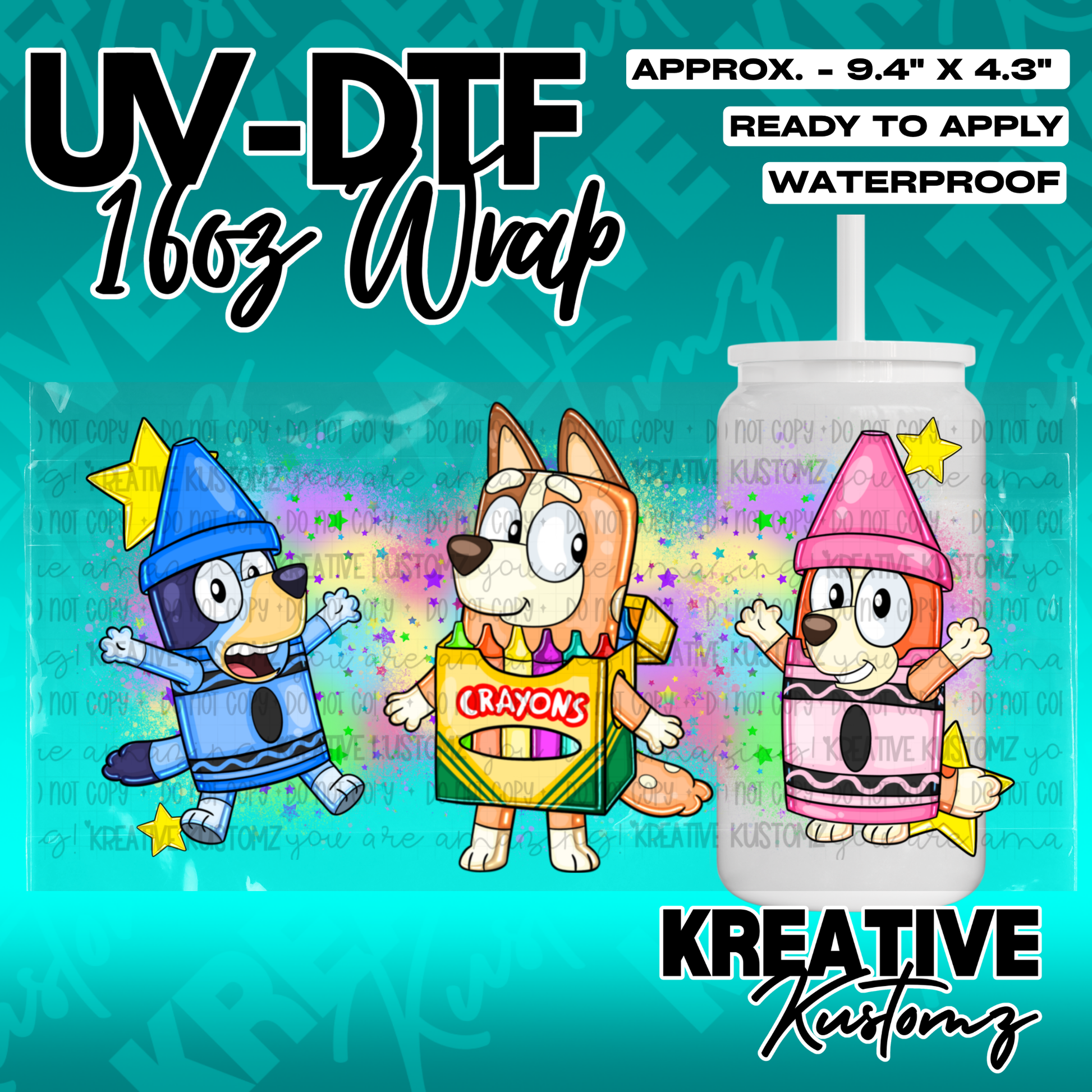 A UV DTF adhesive wrap for 16oz glass cans featuring cartoon dogs dressed as crayons.