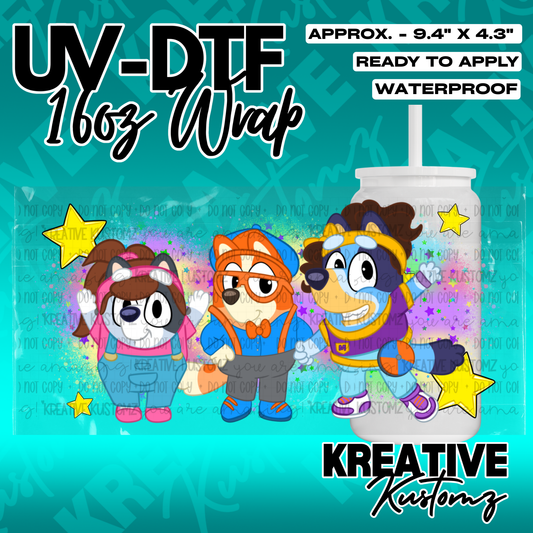 A UV DTF adhesive wrap for a 16oz glass cup featuring cartoon characters and stars.