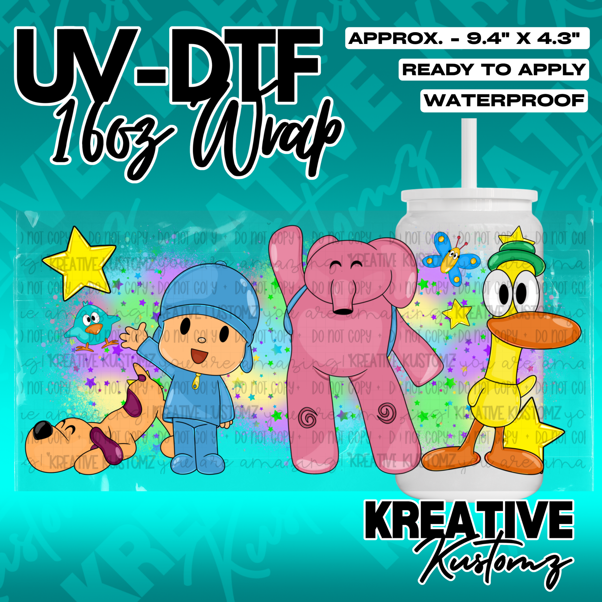 A colorful UV DTF adhesive wrap featuring Pocoyo characters for a 16oz glass can.