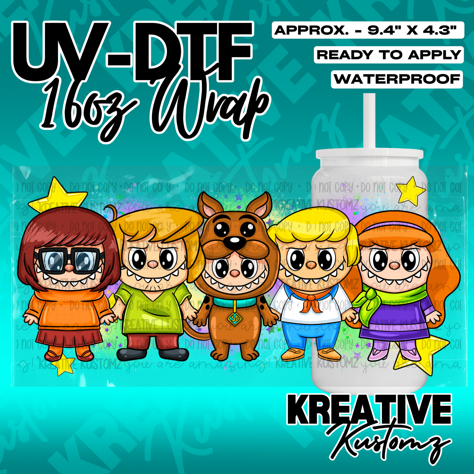 A UV DTF adhesive wrap for a 16oz glass cup featuring cartoon characters from Scooby-Doo.