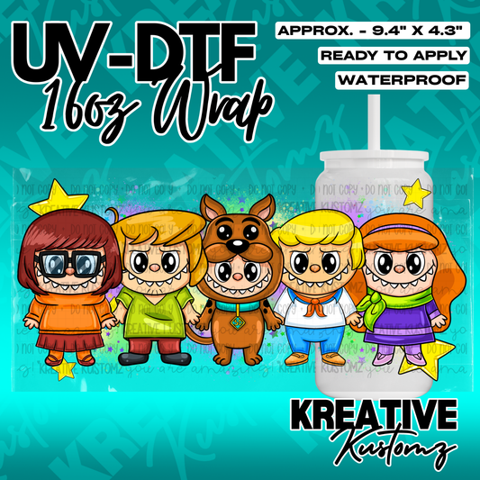 A UV DTF adhesive wrap for a 16oz glass cup featuring cartoon characters from Scooby-Doo.