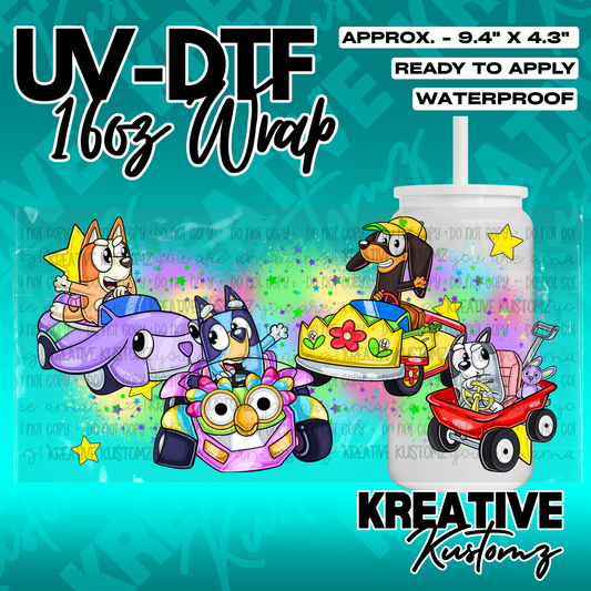 A UV DTF cup wrap featuring Bluey characters in go-karts for a 16oz glass can.