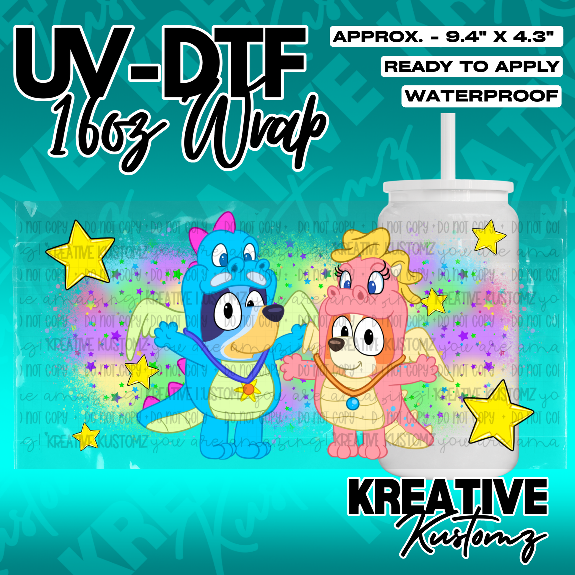 A UV DTF adhesive wrap for 16oz glass cans featuring Bluey characters in dragon costumes.