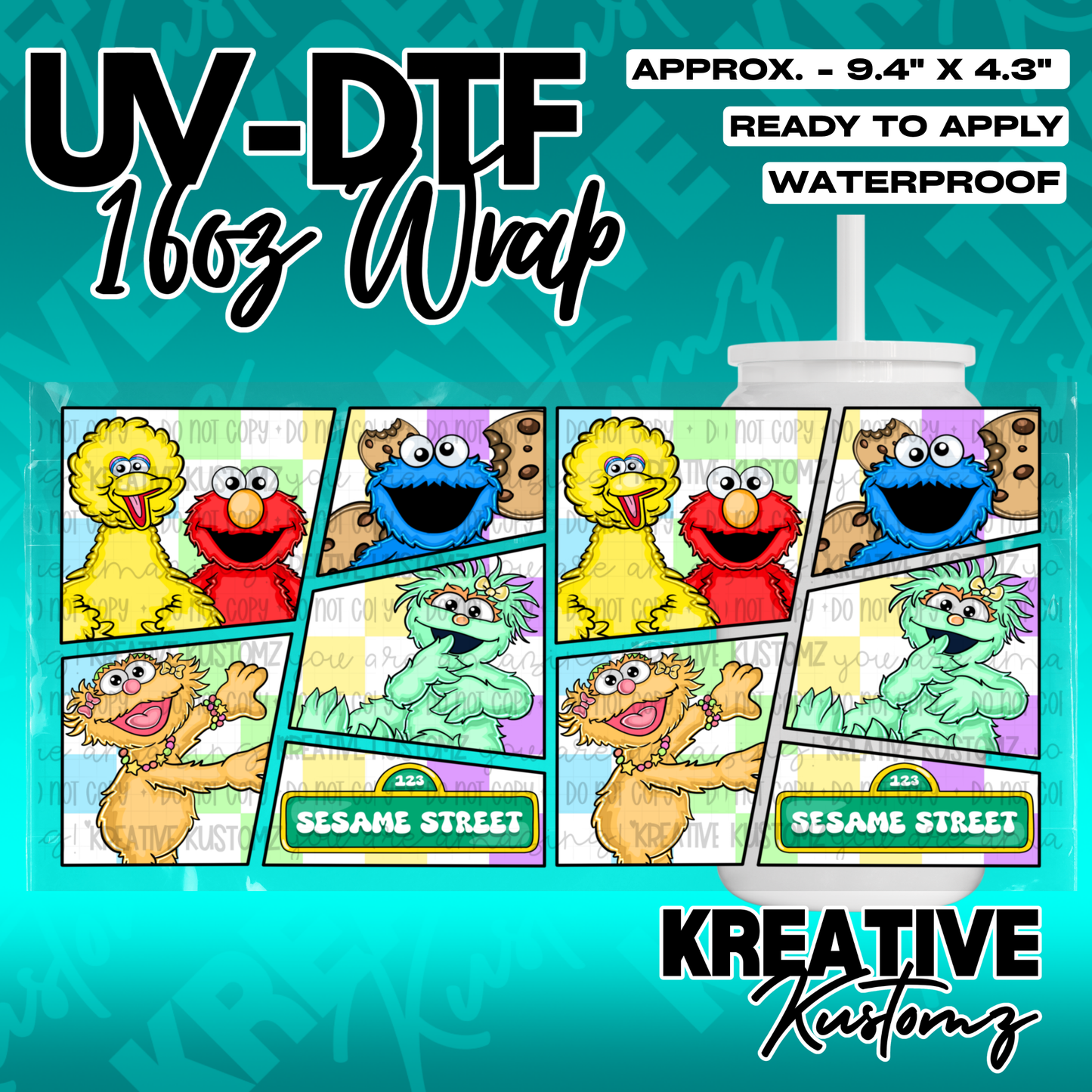 A UV DTF adhesive cup wrap featuring Sesame Street characters on a checkered background.