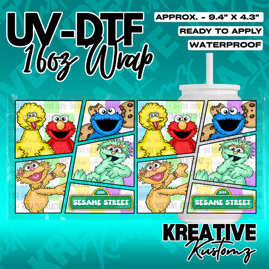 A UV DTF adhesive cup wrap featuring Sesame Street characters on a checkered background.