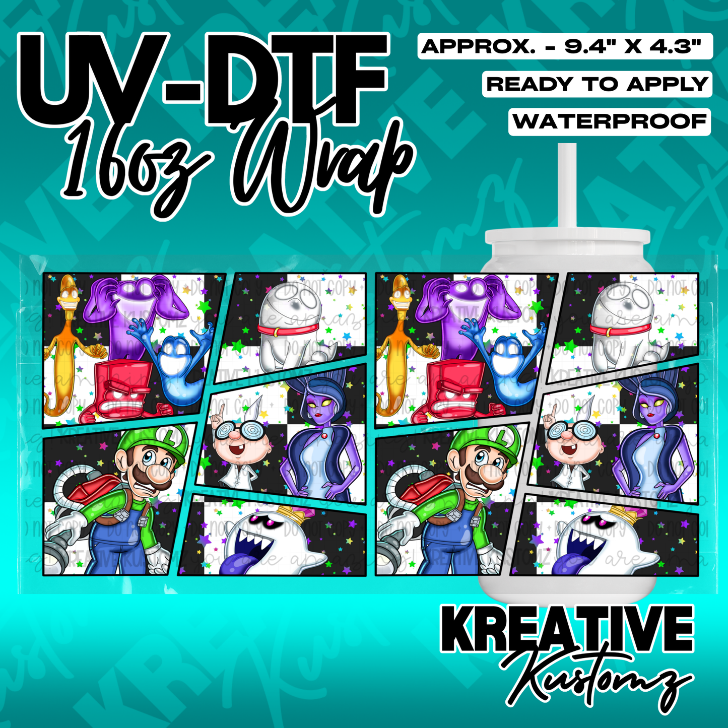 A UV DTF adhesive cup wrap featuring a comic book style collage of Luigi's Mansion characters.
