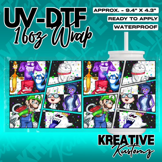 A UV DTF adhesive cup wrap featuring a comic book style collage of Luigi's Mansion characters.