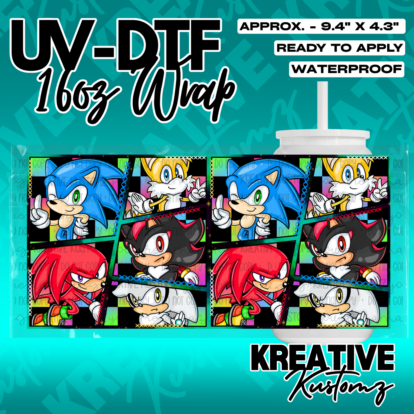 A UV DTF adhesive cup wrap featuring a repeating comic-style pattern of Sonic characters.